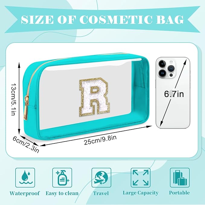 Personalized Initial Letter Clear Makeup Bag,Preppy Small Nylon&PVC Cosmetic Zipper Bag with Chenille Letter,Portable Beach Travel Skincare Toiletry Bag,Trendy Monogram Gift for Teen Girls Women,R