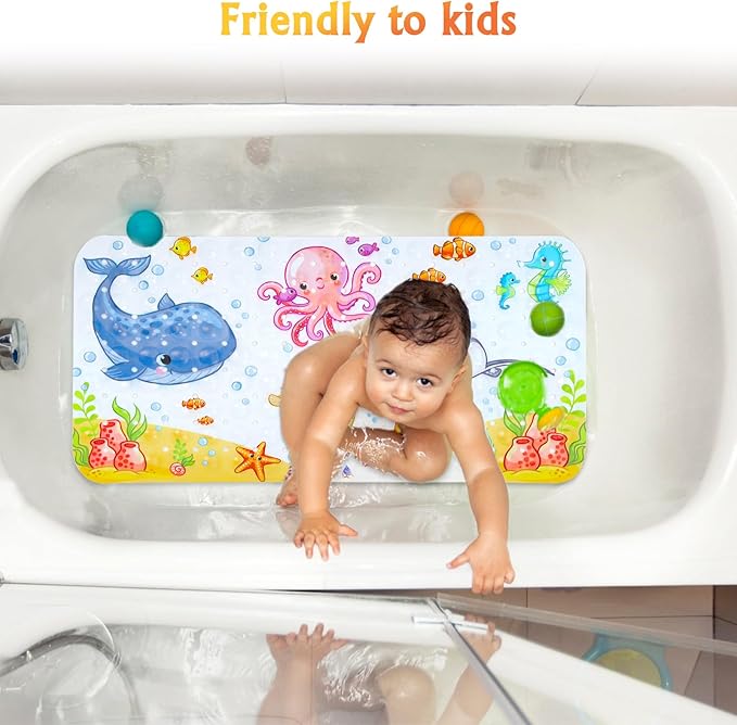 Bath Mat for Tub Non Slip, Machine Washable Anti-Slip Cartoon Baby Bathtub Shower Mat with Drain Holes and Suction Cups for Toddler & Kids, 27.5 Inch x 15 Inch-Rectangular, Pink Octopus