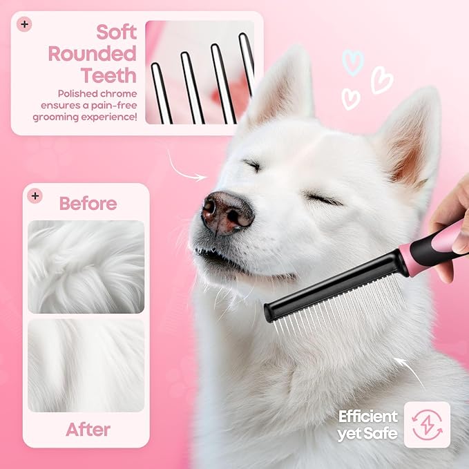 Flexzion Metal Pet Comb for Cats & Dogs – Sturdy Stainless Steel Rounded Teeth with Non-Slip Grip – Easy Grooming & Detangling for Long & Short Hair, Pink
