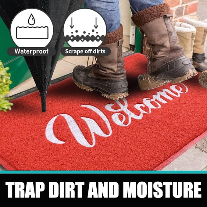 T.HENV Welcome Mat - Outdoor, 36x24 Waterproof All-Season Door Mat, All-Weather Quick Drying, Low Profile, Red-White