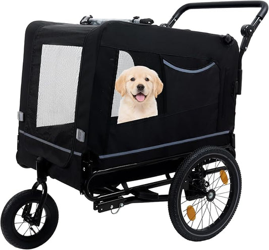 Extra Large 2-in-1 Bike Trailer & Push Cart for Pets - Detachable Bike Hitch & Push Handle Included - All-Terrain Wheels, Quick Release Wheel, Non-Slip Floor, Internal Leash, Holds Up to 88 lbs