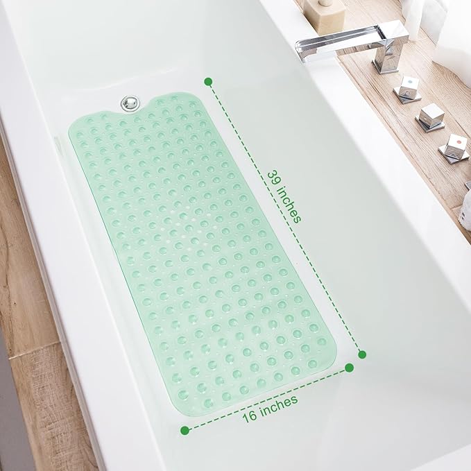 Bathtub Mats for Shower Tub, Extra Long Non-Slip 39 x 16 Inch Bath Mat with Drain Holes and Suction Cups, BathMat for Bathroom with Machine Washable (Clear Green)