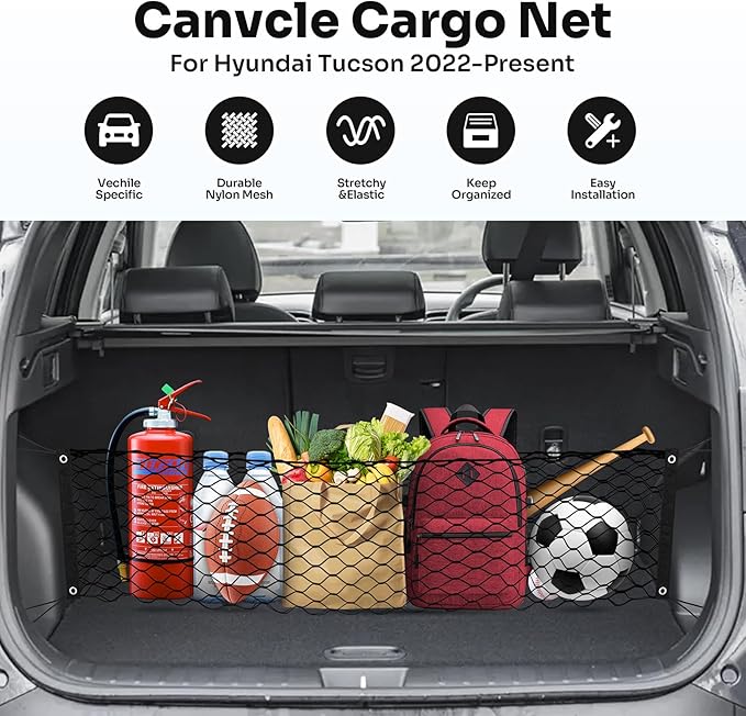 Trunk Cargo Net for 2022-2025 2026 Hyundai Tucson Accessories Envelope Style Mesh Trunk Net Organizer and Storage Stretchable Adjustable Elastic Nylon Rear Cargo Netting with Hooks