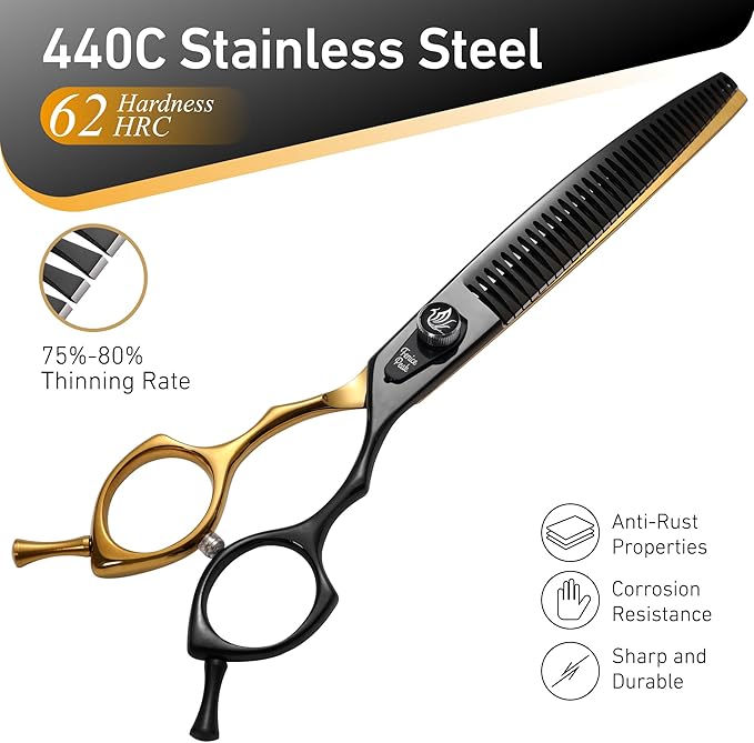 Fenice Peak Black and Golden Professional Curved Chunker Dog Grooming Scissors 7.5'' 440C Stainless Steel Thinner Shear Sharp and Durable with Decorative Screw