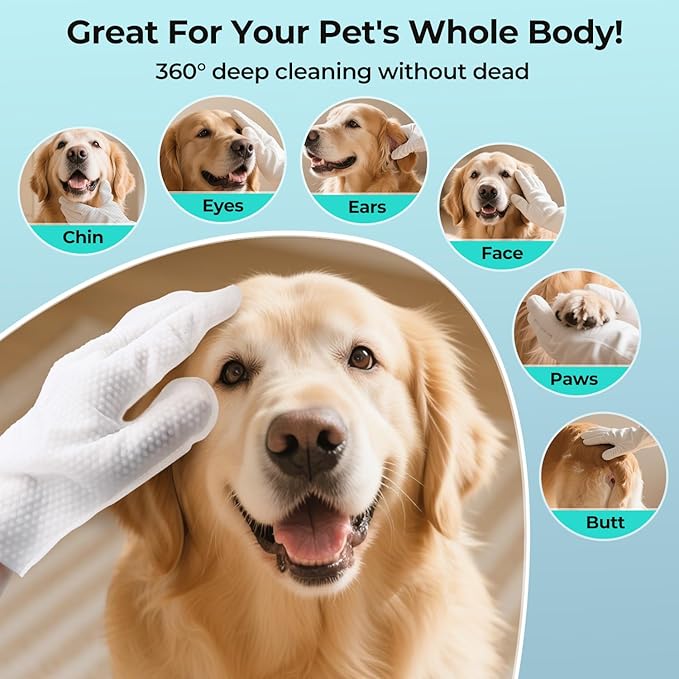 Pet Glove Wipes for Dogs and Cats - Dog Washing Gloves, Cat Bathing Wipes, Individually Wrapped, Moisture-Rich Thickened, Cleaning & Deodorizing, Hypoallergenic, Rinse Free for Grooming and Travel