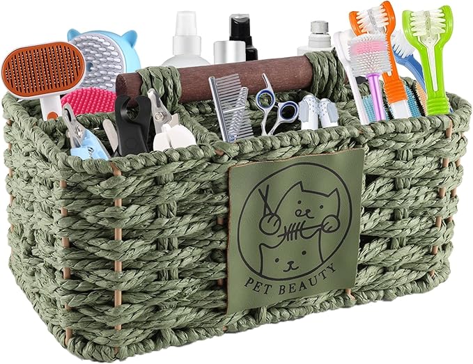 Dog Grooming Organizer,5 Compartments Caddy for Dog Cat Supplies,Handwoven Paper Rope Organizer with Handle,Ideal for Pet Shampoo,Trimmer,Clipper,Combo,Brush-Green