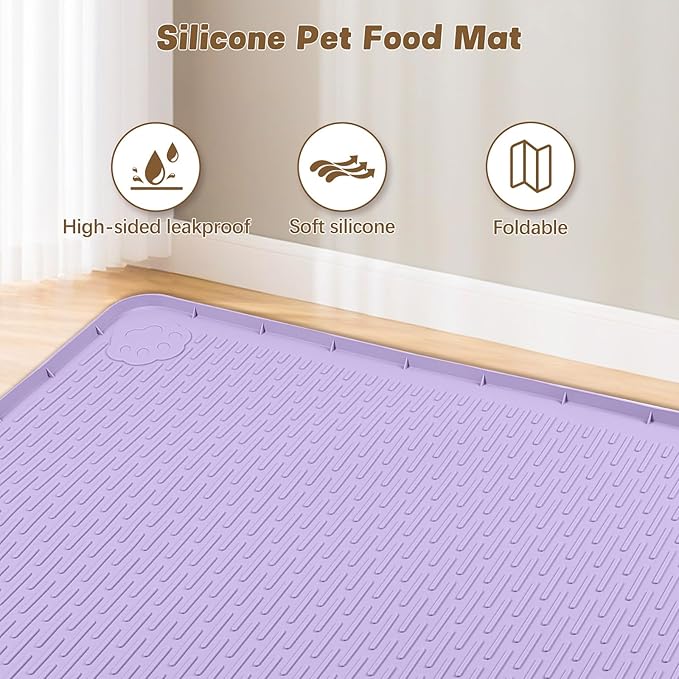 Bartuke Cat Food Mat, 40" x 28" Extra Large Silicone Pet Feeding Mat with Raised Edge Pet Placemat for Food and Water Bowl Non-Slip, Easy to Clean, Floor Protection (Purple)