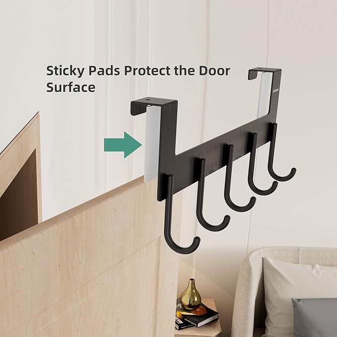 Over The Door Hooks Coat Rack,Over The Door Towel Hanger Drying Rack,Heavy Duty Aluminum Over The Door Towel Rack Hooks for Hanging Coat, Bag, Robe - 5 Hooks Black Color 2 Pack