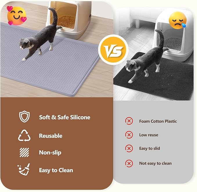 Bartuke Large Cat Litter Mat with Toy Ball, 38'' x 25'' Silicone Cat Litter Trapping Mat for Scatter Control, Soft on Kitty Paws, Easy to Clean (Light Grey)