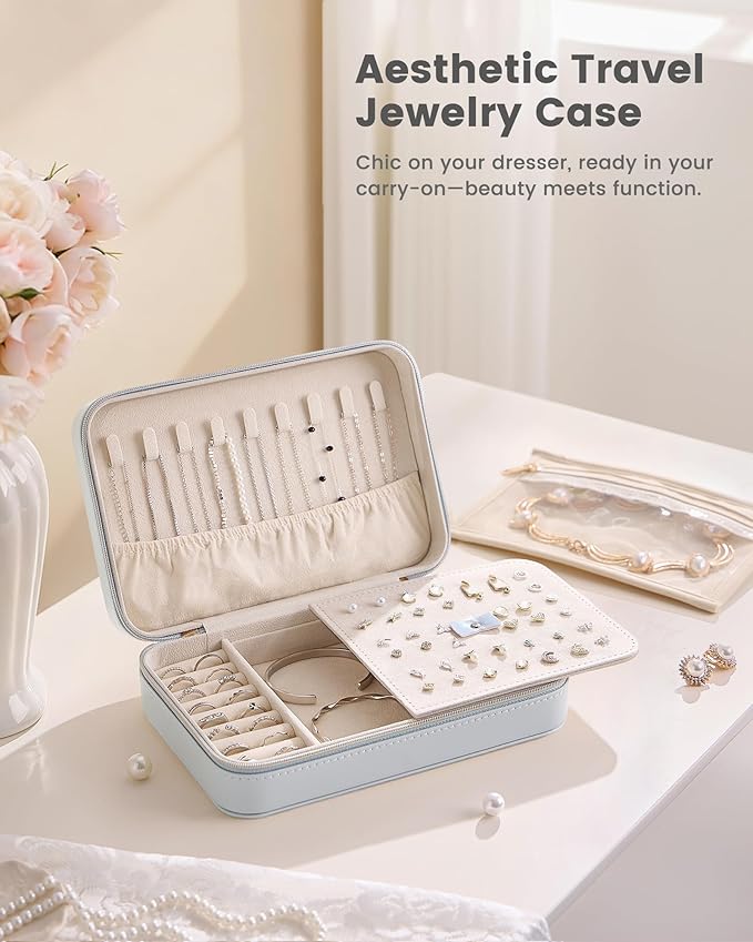 Lolalet Travel Jewelry Case for Women Girls, Travel Jewelry Organizer with Clear Storage Bag Small Portable Jewelry Box for Necklace Bracelet Earring Ring Valentines Bridesmaid Gifts -Large/Blue
