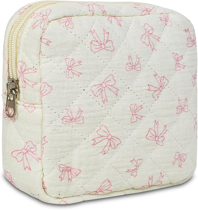 Small Floral Quilted Makeup Bag, Coquette Aesthetic Travel Toiletry Organizer for Women, Lightweight Cotton Cosmetic Pouch