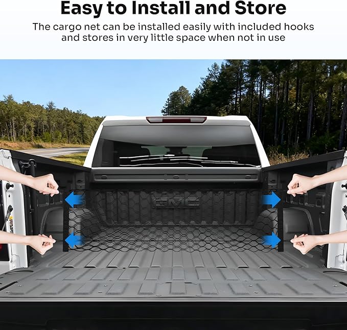 Truck Bed Cargo Net for 2019-2025 2026 GMC Sierra 1500/2020-2026 Chevy Silverado 2500 3500 Accessories Envelope Style Mesh Trunk Net Organizer and Storage Stretchable Nylon Rear Cargo Netting