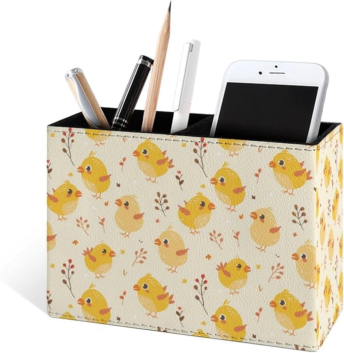 Famame Cute Yellow Chicks Leaves Pencil Holder for Desk, Leather Desktop Container Pen Cup Storage Study Table Pen Organizer Makeup Brush Holder for Classroom Office Home