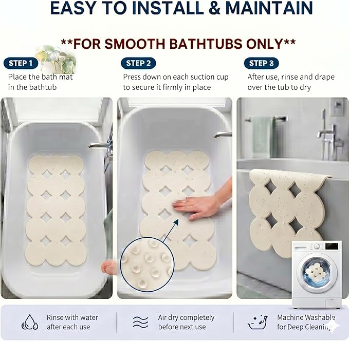 Webos Patented Non Slip Bathtub Mat Shower Bath Mats with Strong Suction Cups Soft Heavy Duty Natural Rubber Superior Grip&Drainage for Inside The tub (Beige, 28x16 inch)