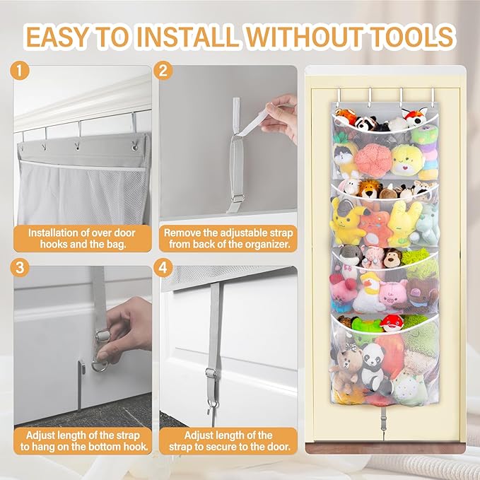 Hanging Stuffed Animal Storage, Over Door Large Plush Toy Organizer with Metal Hook, Baby Accessory Holder Idea for Nursery, Doll & Bear Mesh Hammock Bag for Girl Boy Kid Room