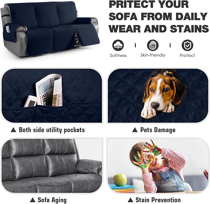 TAOCOCO 100% Waterproof Recliner Couch Covers, Recliner Sofa Covers with Leg Straps, 1-Piece Washable Reclining Sofa Cover with Pocket Couch Protector for Pets Kids(3 Seater, Dark Blue)
