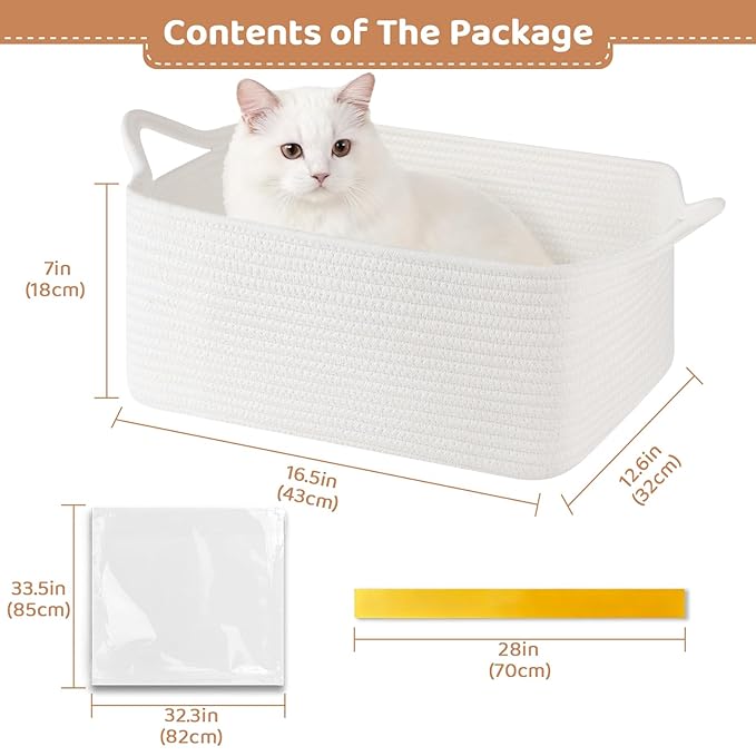 Large Empty Gift Baskets for Baby Shower, 16.5"L x 12.6"W x 7"H Cute Woven Storage Basket with Gift Bags and Ribbons, Small Rope Toy Basket with Handles, Cat Dog Pet Toy Organizer - White