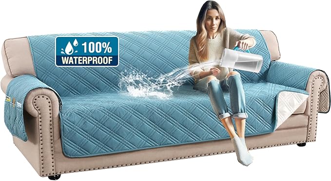 H.VERSAILTEX 100% Waterproof Sofa Covers for 3 Cushion Couch Modern Sofa Cover for Dogs XL Couch Covers for Oversized Sofa with Elastic Straps (Oversized Sofa, Smoke Blue/Beige)
