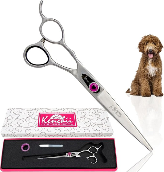 Kenchii Love Left Handed Dog Grooming Scissors, 7 Inch Straight Shears, Dog Scissors for Grooming, Professional Pet Grooming Scissors, Ergonomic & Comfortable