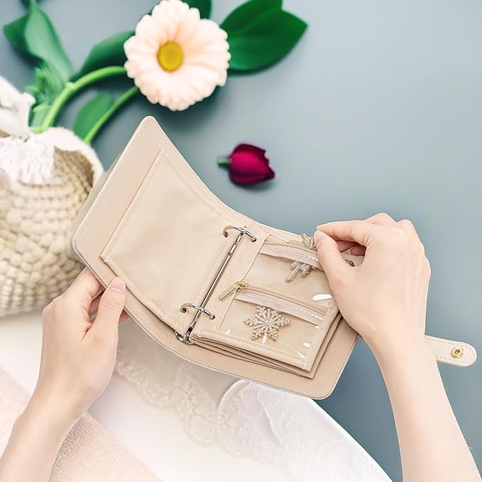 Vlando Small Jewelry Book Organizer - Leather Travel Jewelry Case with 5 Detachable Pages for Necklaces, Rings, Earrings, Tangle-Free, Giftable, Offwhite