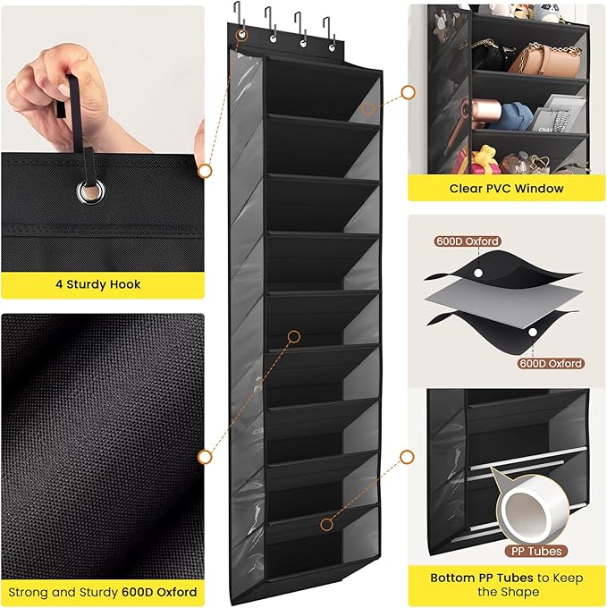 10 Tier Clear Over the Door Shoe Organizer with Deep Pockets, Door Shoes Rack with Hard Tube to Keep the Shape, Hanging Shoe Rack for Closet Organizers & Storage, Behind Door Shoe Holder Black