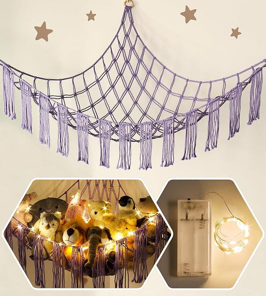 RelaxScene Stuffed Animal Storage Hammock Corner X-Large with LED Light - Baby Hammock Hanging Holder Plushies Net for Stuff Animals Organizer - Cute Room Decor Aesthetic Kids Toddler Nursery Bedroom