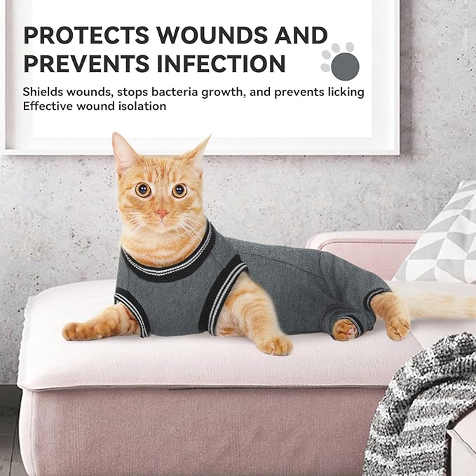 T'CHAQUE Cat Surgery Recovery Suit for Female Male, Cat Onesie Pet Surgical Pajamas Hind Legs Long Sleeve, Abdominal Wound Skin Diseases, E-Collar Alternative, Spay/Neuter Recovery Suit, Gray-S