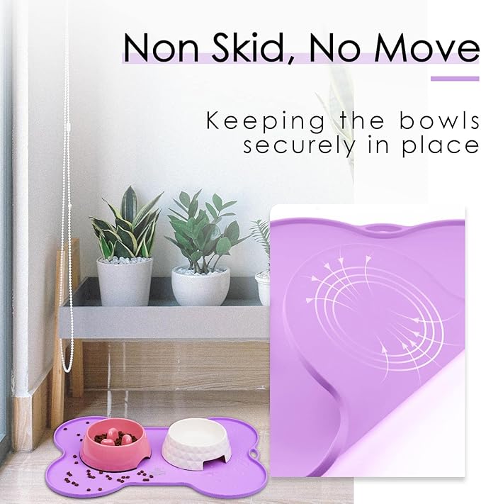 Super Design Dog Food Mat Dog Bowl Mat for Food and Water Silicone Non Spill Cat Feeding Mat Puppy Placemat Waterproof - 20.5" x 14.5", Purple