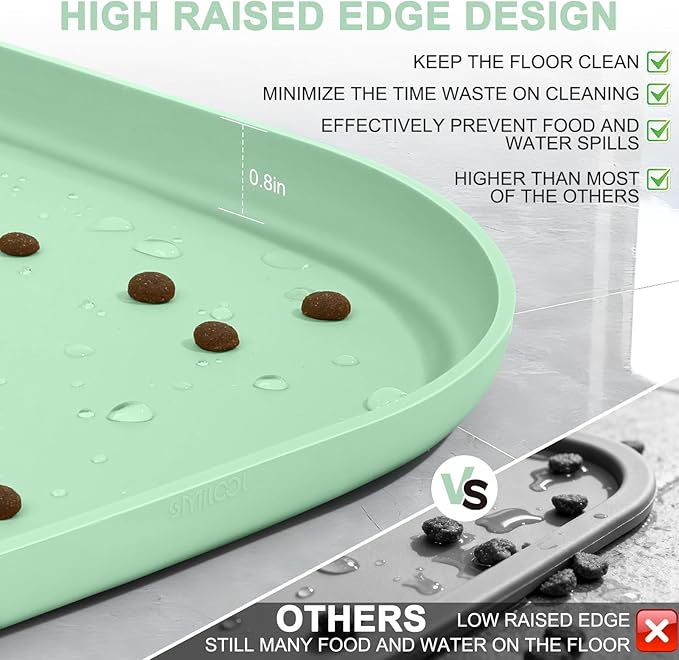 Silicone Pet Food Mat with Raised Edge for Food and Water Bowl, Dog Feeding Mats, Cat Food Trays for Floor Waterproof, Rubber Tray for Dogs and Cats, 22 x 14 x 0.8 Mint Green