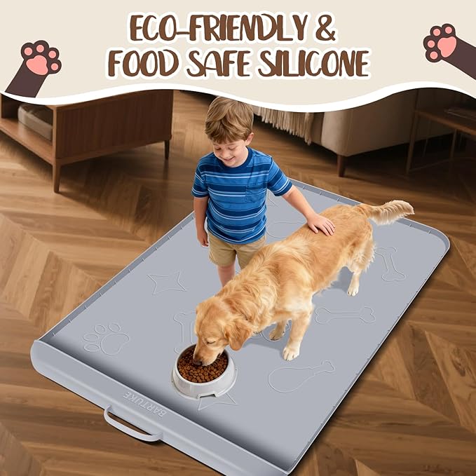 Dog Food Mat with Collection Pocket, 42''x28'' Extra Large Silicone Pet Feeding Mat for Food and Water, Waterproof Anti-Slip Dog Mat with Edge and Handle, Pet Placement for Floor(Light Grey)