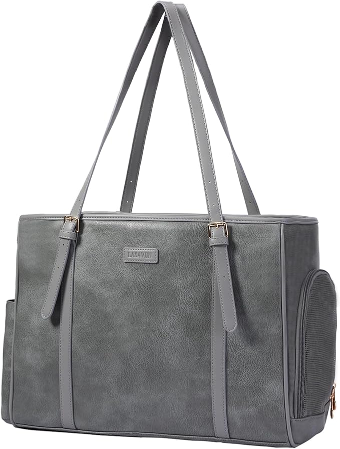 Lasaviin Fashion Dog Purse Pet Carrier Leather Bag for Small Dogs Cats Puppy, Portable Tote Bag Airline Approved Soft-Sided Carriers (Grey)