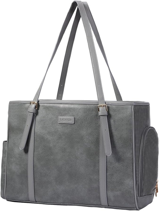 Lasaviin Fashion Dog Purse Pet Carrier Leather Bag for Small Dogs Cats Puppy, Portable Tote Bag Airline Approved Soft-Sided Carriers (Grey)