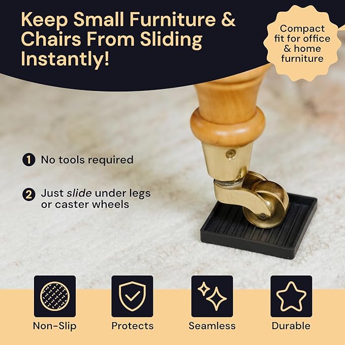 CasterMaster Anti Slip Furniture Pads & Caster Cups - 2" x 2" Black (Pack of 4) - Couch Leg Floor Protectors for Hardwood, Tile & Vinyl Floors - Rubber Feet & Floor Protectors for Chairs