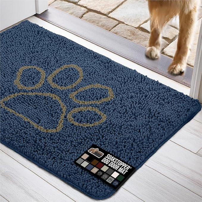 GORILLA GRIP SOAKSTOPPER Dog Door Mat, Machine Washable Rug Absorbent Doormat Captures Moisture Mud Dirt, Quick Dry Soft Chenille Entryway Rugs Indoor Entrance Mats for Dog Paws, 24x17 Navy