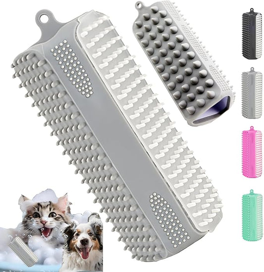 3-in-1 Pet Grooming & Bath Brush for Dogs and Cats, Triple-Sided Design with Cone Massage Tips, Long Self-Cleaning Deshedding Nubs, Short Bathing Nubs, Soft Silicone Brush with Hanging Loop, Gray