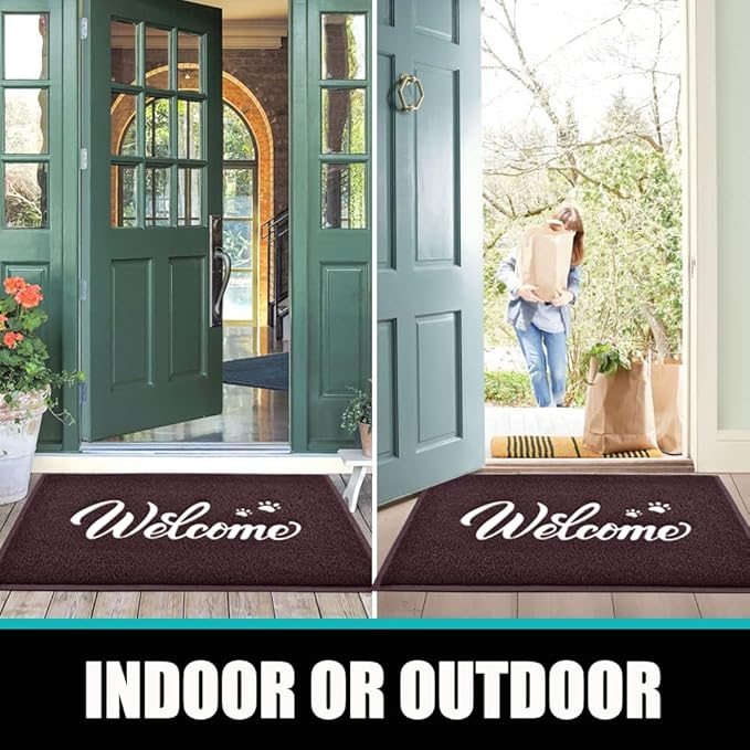 T.HENV Welcome Mat Outdoor, 32x20 Waterproof All-Season Front Door Mat Outside Entrance, All-Weather Quick Drying, Low Profile Doormat Indoor, Patio Porch Entryway Mat, Brown-White
