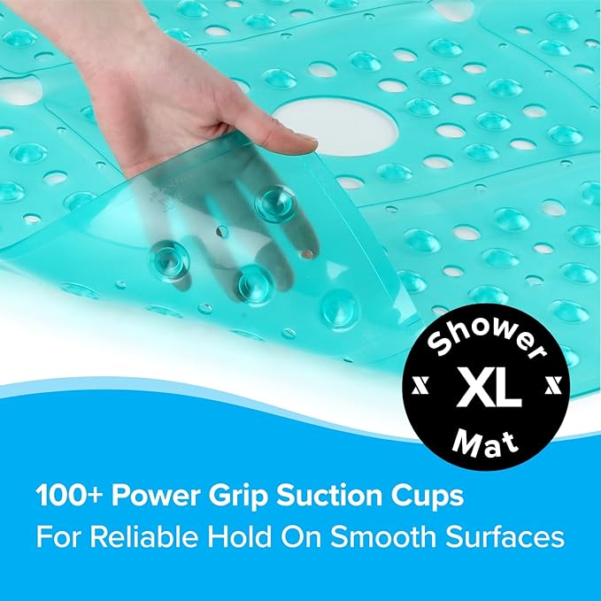 SlipX Solutions 27" Oversize Square Shower Mat, Non-Slip Mat for Elderly & Kids, 100+ Power Grip Suction Cups for Smooth Surfaces, Machine Washable, Transparent Aqua