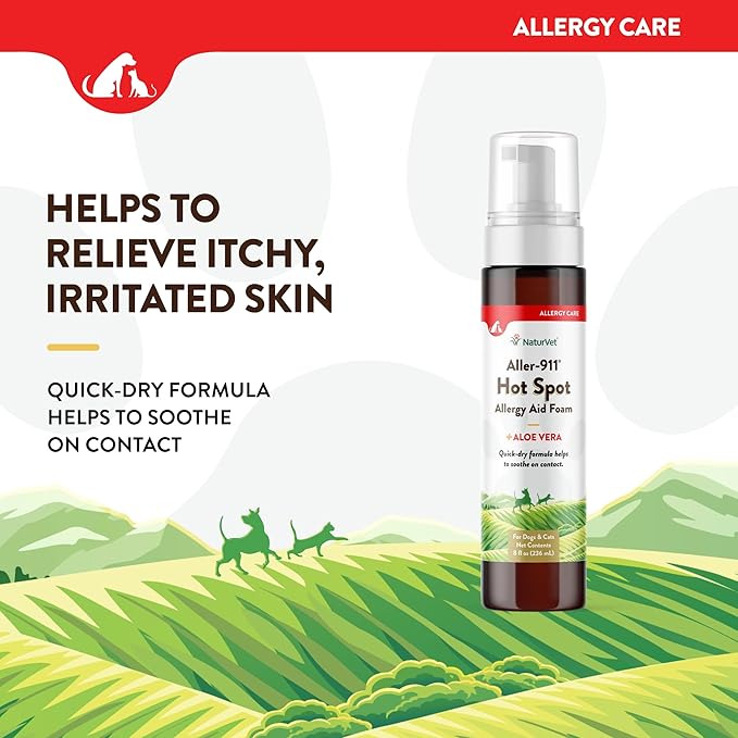 NaturVet Aller-911 Hot Spot Allergy Aid Foam Pet Supplement Plus Aloe Vera – Helps to Relieve Irritated, Itchy Skin for Cats, Dogs – Helps Deter Gnawing, Chewing – Quick Drying – 8 Oz.