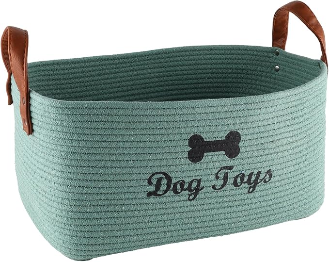 Large Cotton Rope Dog Toy Basket Storage,16.5"x10.6"x 7.5" Dog Toy bin,Puppy toy basket,-Perfect for organizing pet toys,blankets,leashes,pee- mats and diapers-Green