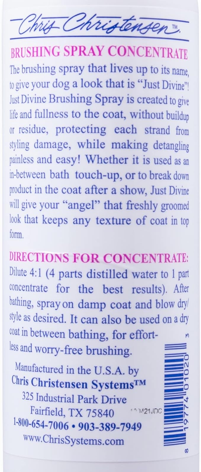Chris Christensen Just Divine Dog Brushing Spray Concentrate, Groom Like a Professional, Prevents Brushing Damage, Light Detangler, All Coat Types, Made in USA, 16oz