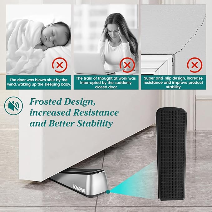 2 Pack Rubber Door Stopper Wedge - Heavy Duty Door Stoppers Stop Wedge Made of Premium Quality Brushed Stainless Steel, Wall Protector for Home & School with Self Adhesive Holder Matt Chrome