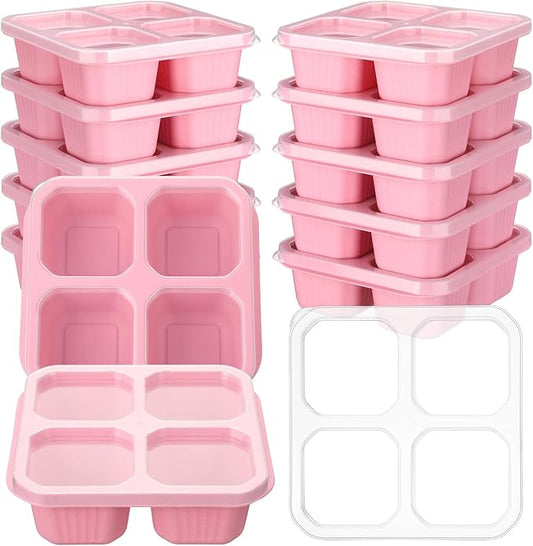 12 Pcs 4 Divided Compartments Snack Containers Bento Wheat Straw Snack Box with Lid Reusable Meal Prep Lunch Box Food Storage Containers for Adults Christmas Travel Work Gifts(Pink)