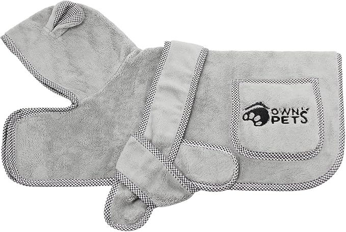 Ownpets Dog Bathrobe Towel, Super Absorbent Soft Dog Drying Robe with Cap & Pocket for Bathing & Beach Trips, Microfibre Fast Drying Dog Towel Robe for Dogs and Cats(Small)