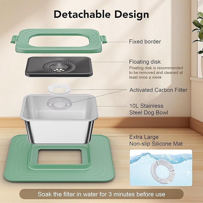 Decflow 10L Stainless Steel Dog Water Bowl, No Spill Anti-Splash Dog Bowls with XXL Silicone Mat, Spill-Proof Slow Feeder for Messy Drinkers, Heavy Duty Pet Bowls for Indoor/Outdoor Use Green