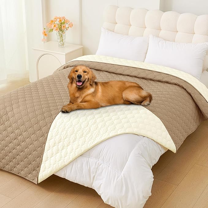 Smiry Waterproof Dog Bed Cover Blanket, Soft Reversible Pet Blanket, Washable Leakproof Cats Dogs Couch Cover for Sofa, Couch, Furniture, Plaid (82x82 Inch, Camel/Beige)