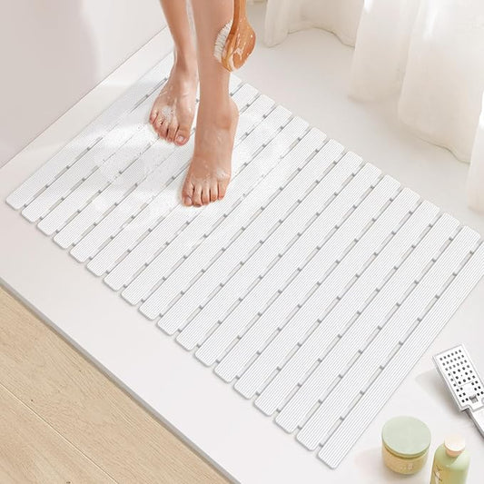Yolife Quick Drain Shower Mat, 24.8 x 15.8 inch Power Grip Shower Mat Non Slip, Raised Non Slip Shower Mats for Inside Shower, Heavy Duty Curlable Stand up Shower Floor Mat,White