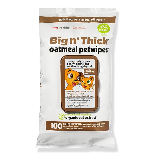 Petkin Pet Wipes for Dogs and Cats, Oatmeal, 100 Wipes (Large) for Dogs and Cats - Soothes Itchy Dry Skin and Cleans Ears, Face, Butt, Body and Eye Area - Idea for Home and Travel