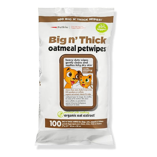 Petkin Pet Wipes for Dogs and Cats, Oatmeal, 100 Wipes (Large) for Dogs and Cats - Soothes Itchy Dry Skin and Cleans Ears, Face, Butt, Body and Eye Area - Idea for Home and Travel