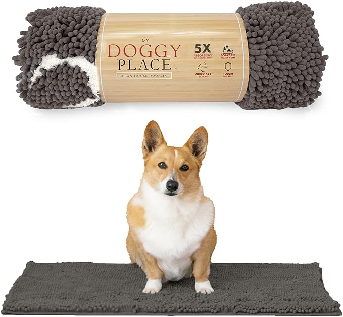 My Doggy Place Microfiber Dog Mat for Muddy Paws, 31" x 20" Ash With Paw Print - Absorbent Quick-Drying Paw Cleaning, Washer and Dryer Safe - Non-Slip Rubber Backed Pet Mat, Medium