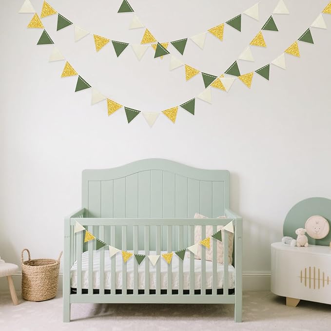 Sage Green Gold Party Decorations Oilve Green Beige Gold Glitter Felt Triangle Mini Banner Bunting Pennant Flag for Baby Shower Birthday Wedding Jungle Woodland Safari Party Nursery Classroom Decor